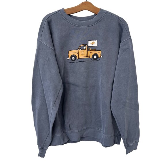 Life Is Good Blue 84 Truck Pullover Sweatshirt Men Large Indigo Blue Relaxed NEW - Picture 1 of 7